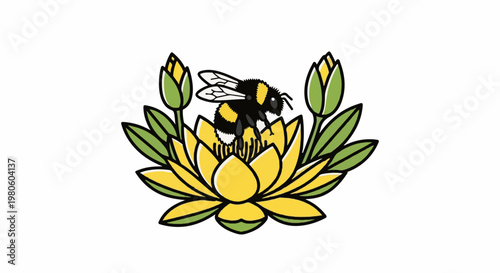 A bumblebee perches on a bright yellow lotus flower, surrounded by buds