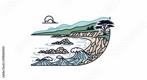 Stylized coastal scene with waves crashing on rocks and a lone tree
