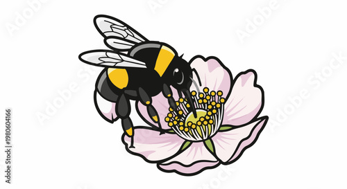 A cartoon bumblebee with yellow and black stripes visits a light pink flower