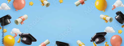 3d Graduation celebrating background with hats, balloons and diplomas flying in the blue sky. Vector illustration.