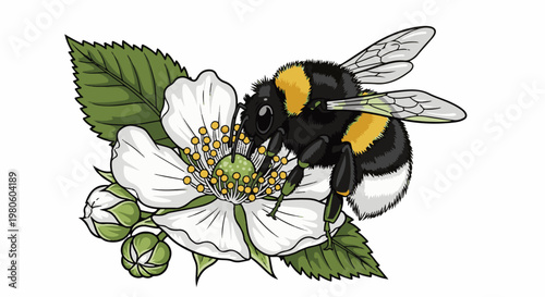 Fluffy bee collecting nectar from a white flower with green buds