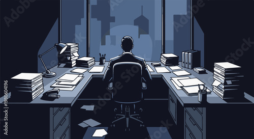 Man in suit at a cluttered desk in a modern office with city view