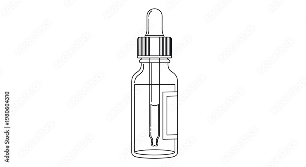 Naklejka premium Detailed black and white line drawing of a glass apothecary bottle featuring a dropper and a blank label for customization.