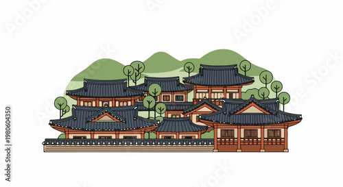 Traditional layered architecture with dark tiled roofs, wooden structures, and green hills