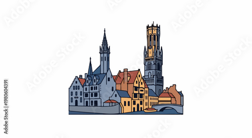 Stylized illustration of historic European buildings along a canal, with a prominent bell tower