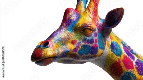 Colorful giraffe statue with abstract paint splashes and realistic surface texture, isolated on white background with softbox lighting.