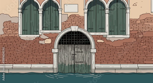 Dilapidated arched doorway and windows on a water-lapped brick wall