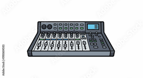 A flat design illustration of a grey sound mixing console with sliders