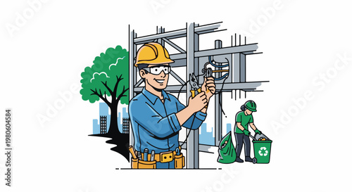 Two workers, one repairing electrical wires, the other collecting trash, with city background