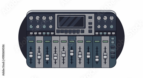 A colorful illustration of a mixing console with sliders, knobs, and a screen