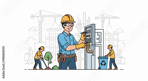 Construction workers installing electrical panel and planting tree