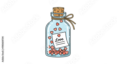 Romantic glass jar filled with small pink hearts and a parchment note saying love tied with a rustic string on a white back.