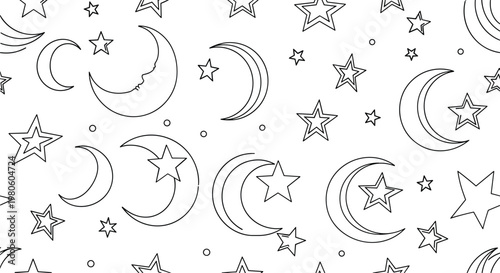 Seamless black and white pattern featuring numerous crescent moons and stars in various sizes on a clear white background.