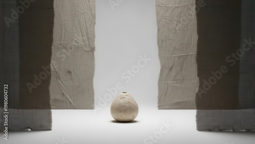 Minimalist stone-like vessel amidst textured drapery creating a serene abstract composition