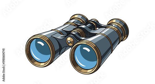 Vintage style binoculars with a metallic finish and blue lenses shown in a detailed graphic illustration on a white background.