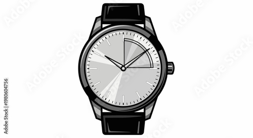 Close up of a black and white wrist watch with a round face and leather strap