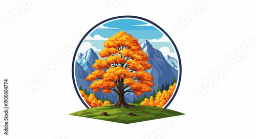 Autumn tree in front of majestic snowy mountains under a bright blue sky