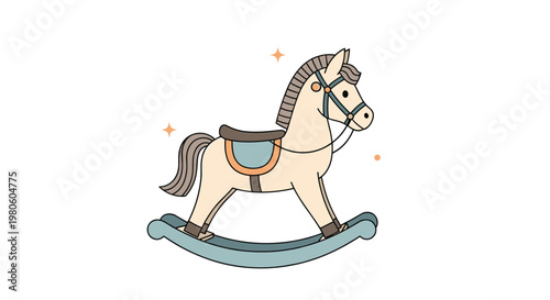 Traditional wooden rocking horse toy for children illustrated in soft pastel blue and cream colors on a plain white background.