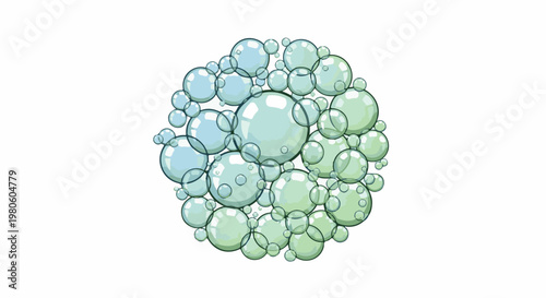 A collection of various sized iridescent bubbles in a cluster on a white background