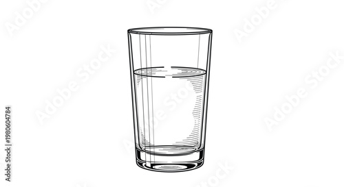 Simple drinking glass half-filled with clear water shown with fine line textures and highlights on a white background.