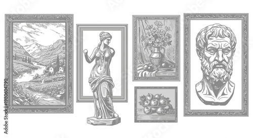 Collection of Classical Art Frames and Antique Sculptures Illustration
