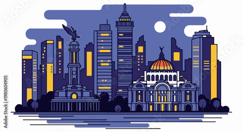 Stylized night skyline with iconic monuments and illuminated buildings
