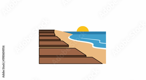 Wooden steps lead to a sandy beach with gentle waves and a setting sun