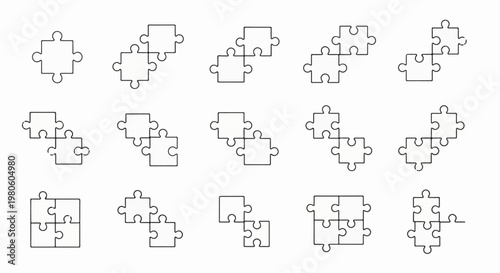 Collection of interconnected puzzle pieces in various arrangements