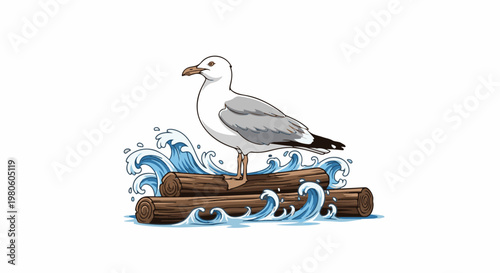 A pixel art seagull stands on logs in choppy blue waves