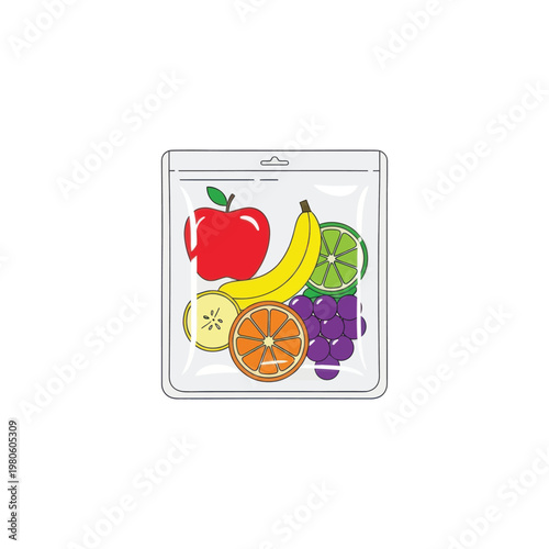 A colorful illustration of various fruits in a clear plastic bag