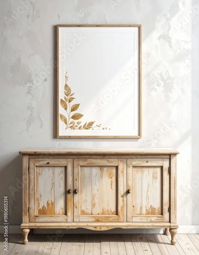 A rustic wooden sideboard is displayed beneath a framed botanical print on a textured wall.