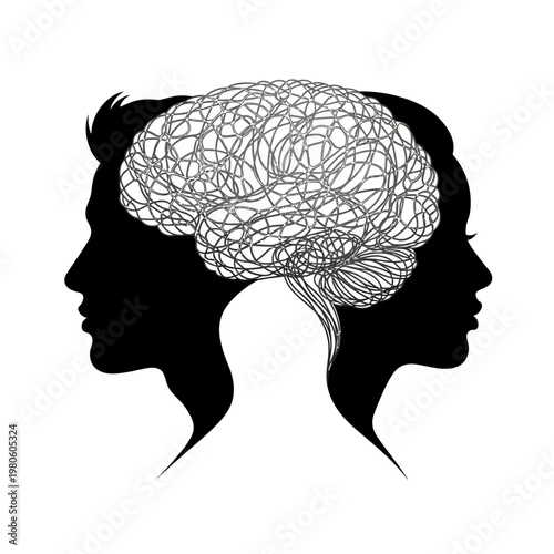 Conceptual Silhouette of Human Heads with Tangled Brain Scribble