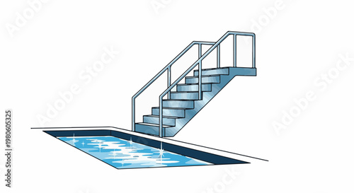 A blue staircase with railings leads down to a shimmering blue swimming pool