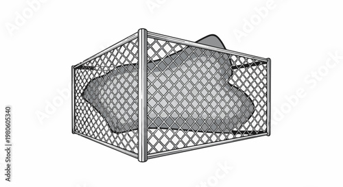 A grey, irregular blob is contained within a wire mesh fence enclosure