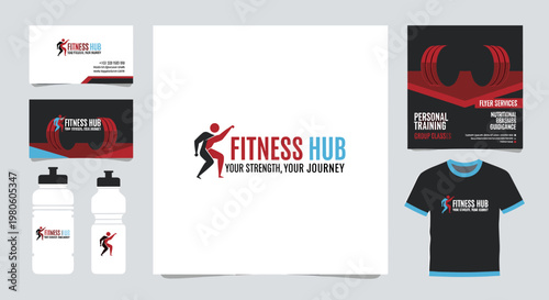 Fitness Hub branding kit showcasing logo, business cards, water bottles, t-shirt, and flyer for a gym.