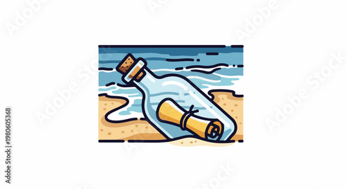 A glass bottle with a cork, containing a rolled parchment, rests on a sandy beach