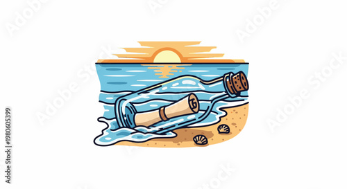 A message in a bottle rests on a sandy shore as the sun sets over the ocean