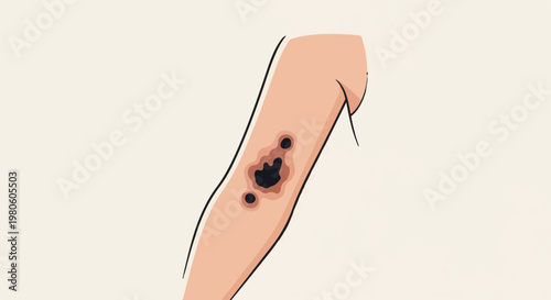 Stylized illustration of a human limb showing dark, irregular skin lesions