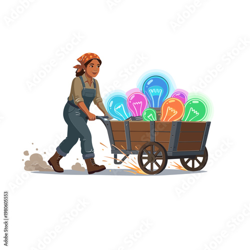 A woman pushes a wooden cart filled with colorful glowing orbs on a dirt path.