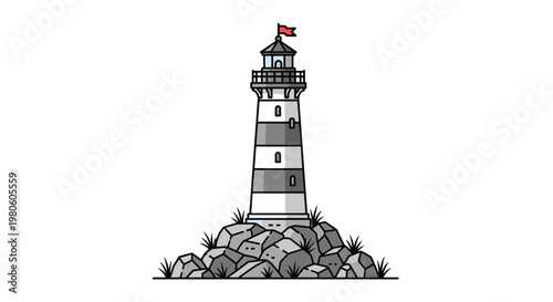 Clean and simple illustration of a tall striped lighthouse standing on a pile of gray rocks with a small red flag flying from its top.