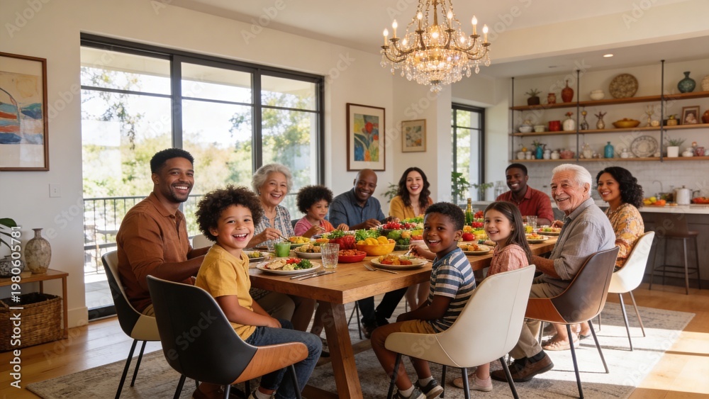 Obraz premium A large and diverse family gathered around a long wooden table having lunch together in a spacious open bright apartment filled with natural light pouring in through large windows, the family members 