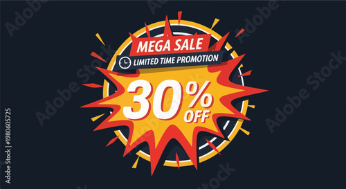 Bursting star graphic with "Mega Sale 30% Off" text, limited time promotion