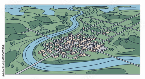 Aerial view of a quaint town nestled beside a winding river and rolling green hills