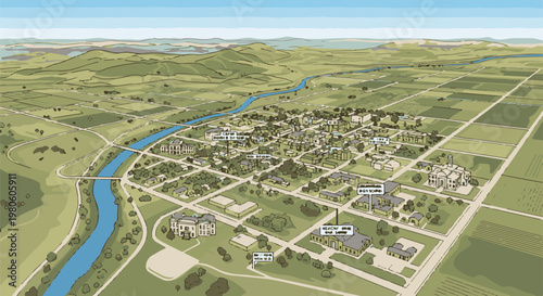Aerial view of a town with a river, hills, and agricultural fields