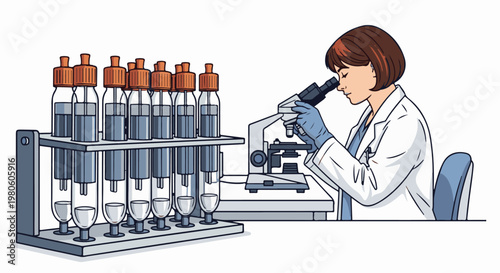 Scientist in lab coat examining specimen under microscope amidst test tubes