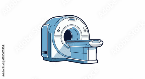 Illustration of a blue and white CT scanner machine on a white background