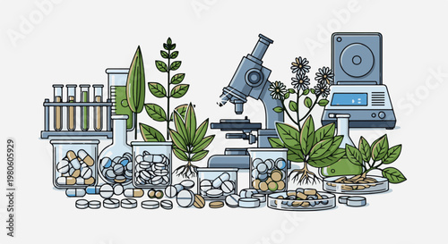 Laboratory equipment, plants, and pills arranged in a scientific research composition