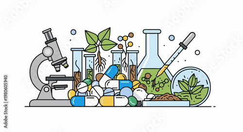 Scientific research with plants, pills, and laboratory equipment