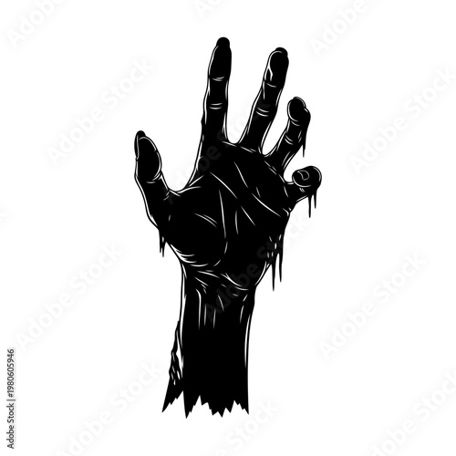 Zombie hand rising from ground silhouette reaching up with creepy decaying flesh details.