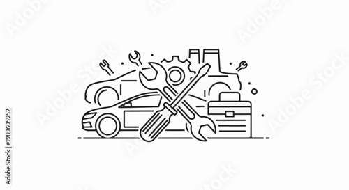 Car repair icons tools, car outlines, gear, toolbox, and wrenches